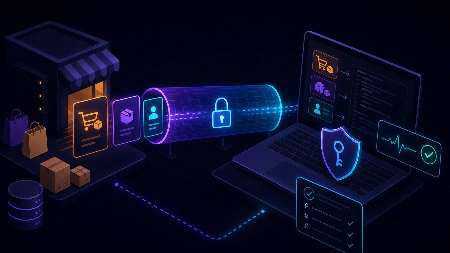 E-Commerce-Bestell- und Produktereignisse, die einen WordPress-Shop verlassen und einen signierten Tunnel zu einem Localhost-Webhook-Handler passieren.